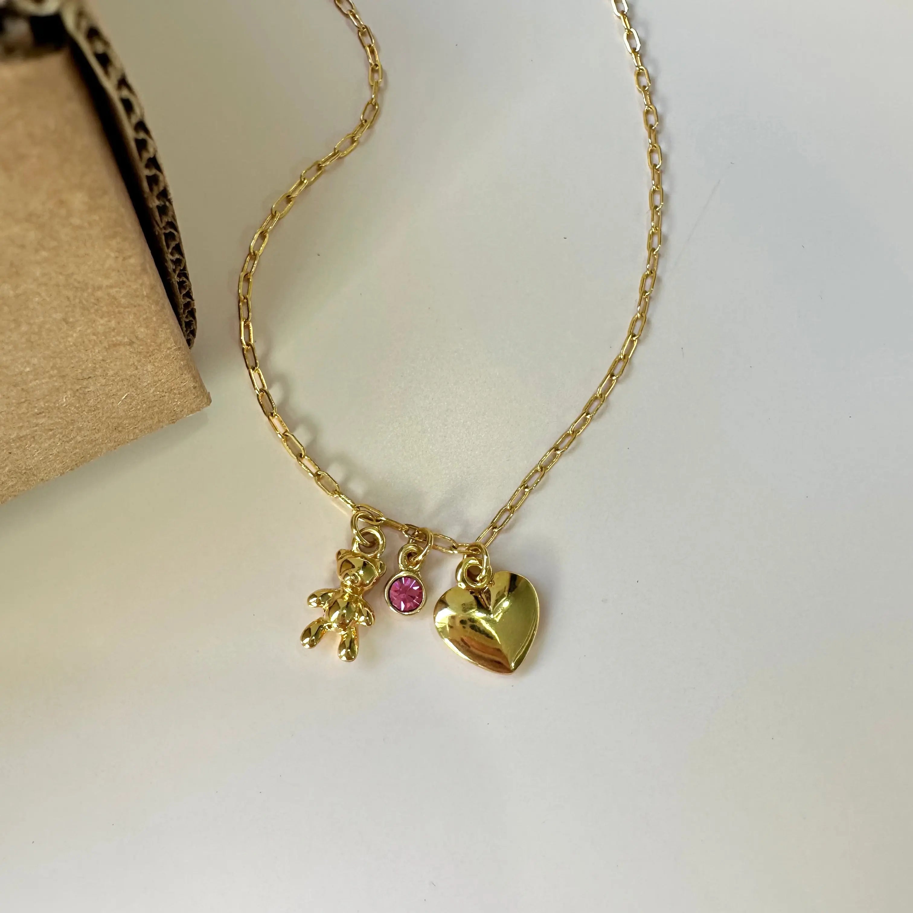 Collar Charms Osito y Corazón Collares Gold Muun Jewelry