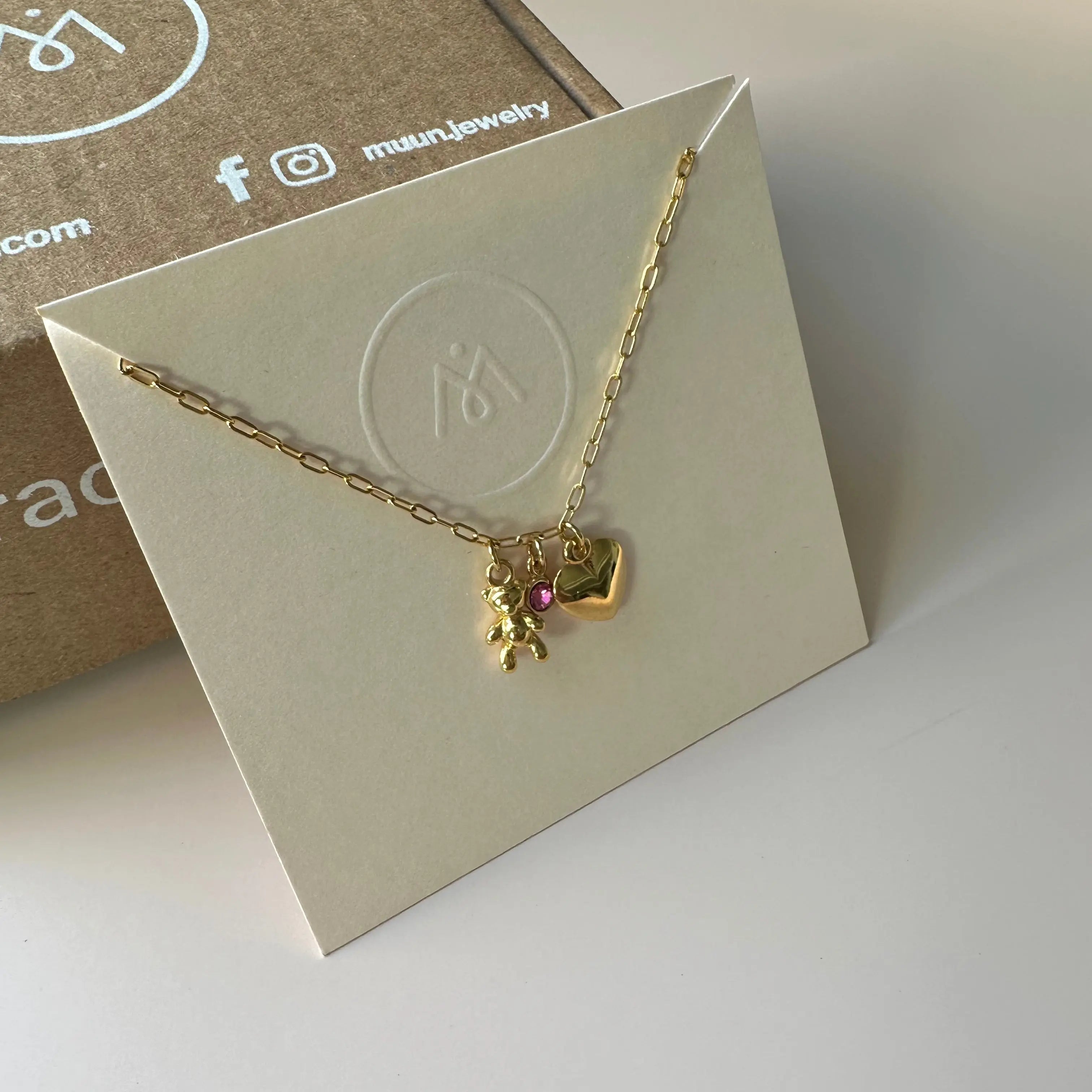 Collar Charms Osito y Corazón Collares Gold Muun Jewelry
